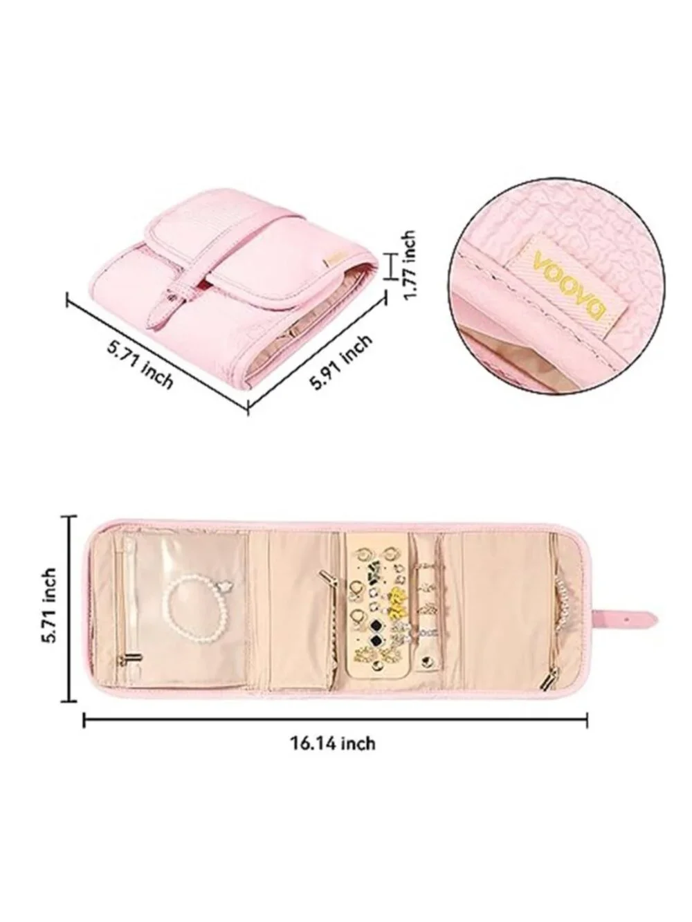 Travel Jewelry Organizer Roll Pouch Necklace Earring Ring Holder Light Pink